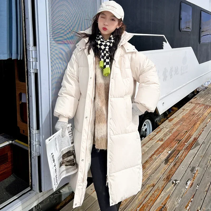 Long Down Cotton Jacket Women's Warm Overcoat Korean Hooded Loose Casual Snow Wear Coat Female Windproof Parkas Outwear