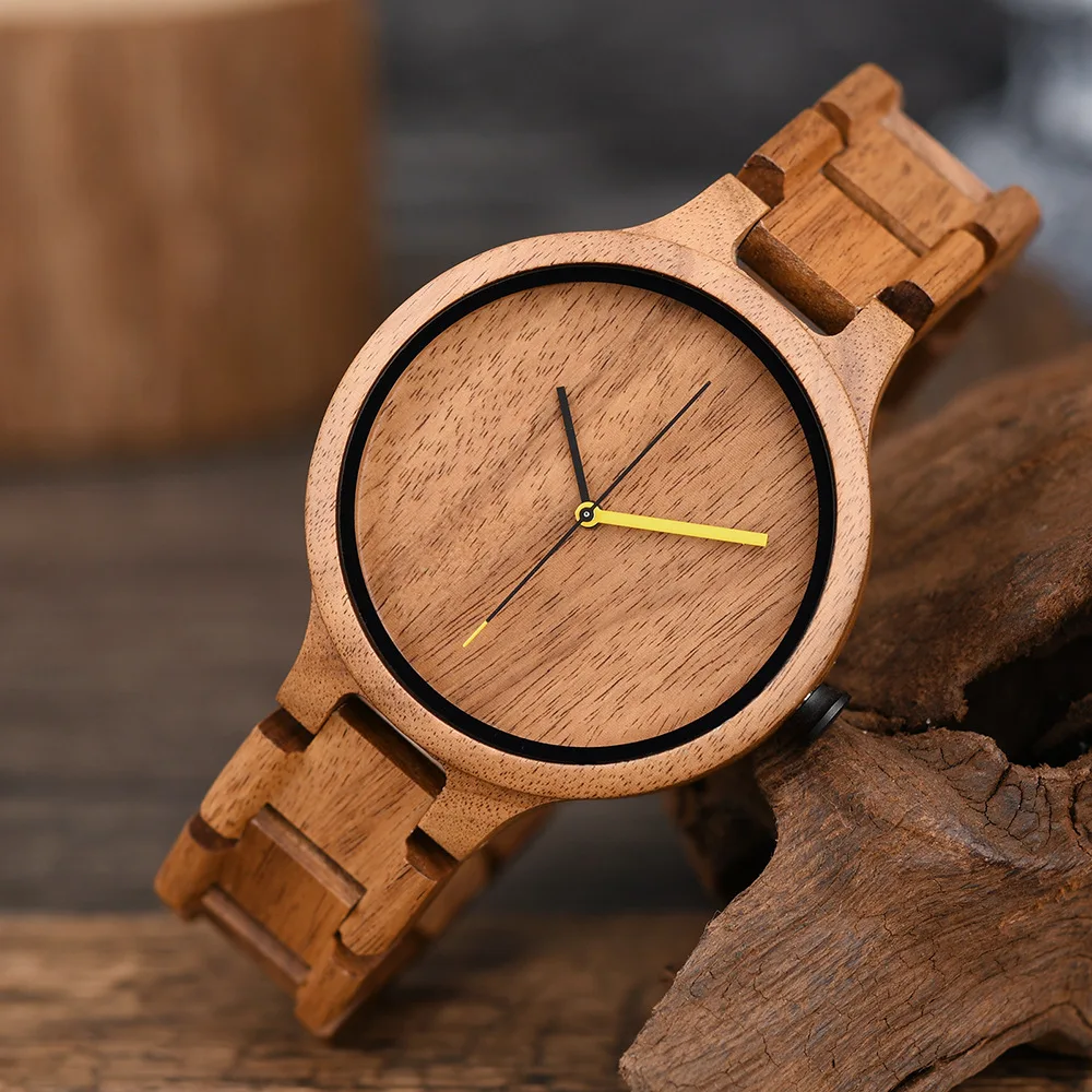 Full Wood Minimalist Three Hand Quartz Watch with Round Fold Clasp and Slim Design for Men