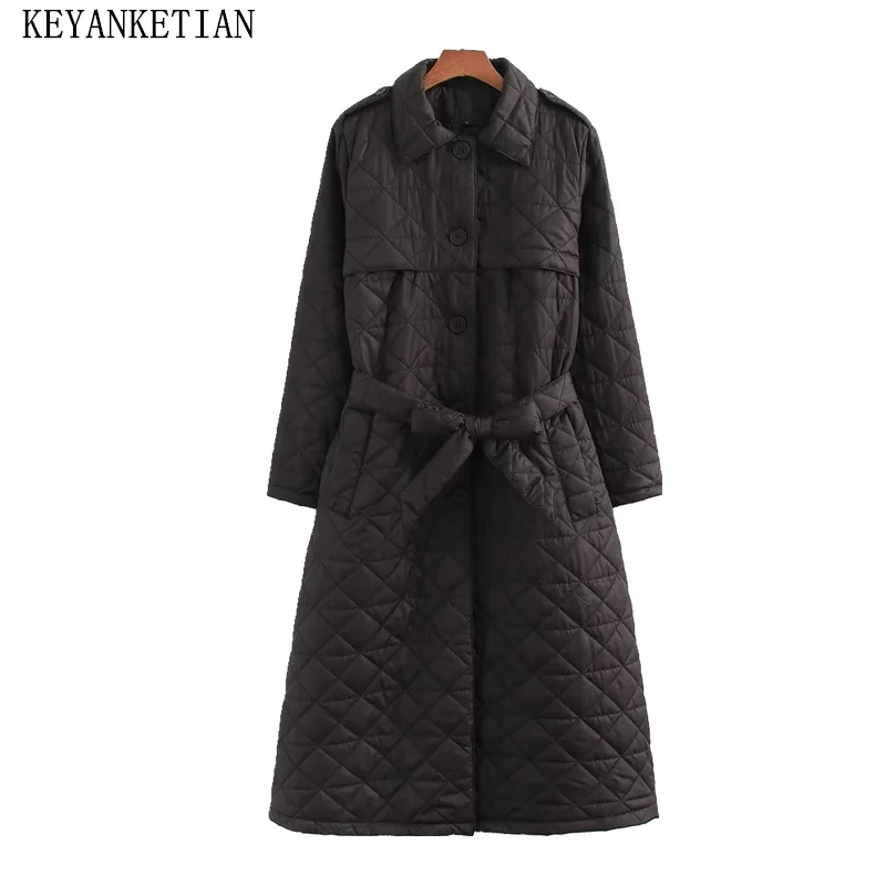 

KEYANKETIAN 2024 New Women's Black Long Quilted Cotton-Padded Coat Winter With Belt Single Breasted Thick Outerwear Robe Top