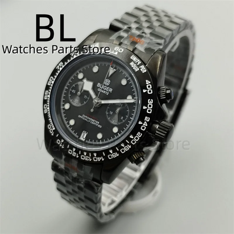 BLIGER 39mm Full Black VK64 Quartz Chronograph Watch For Men Sapphire Crystal 6 O \'clock Date Function Waterproof Jubilee