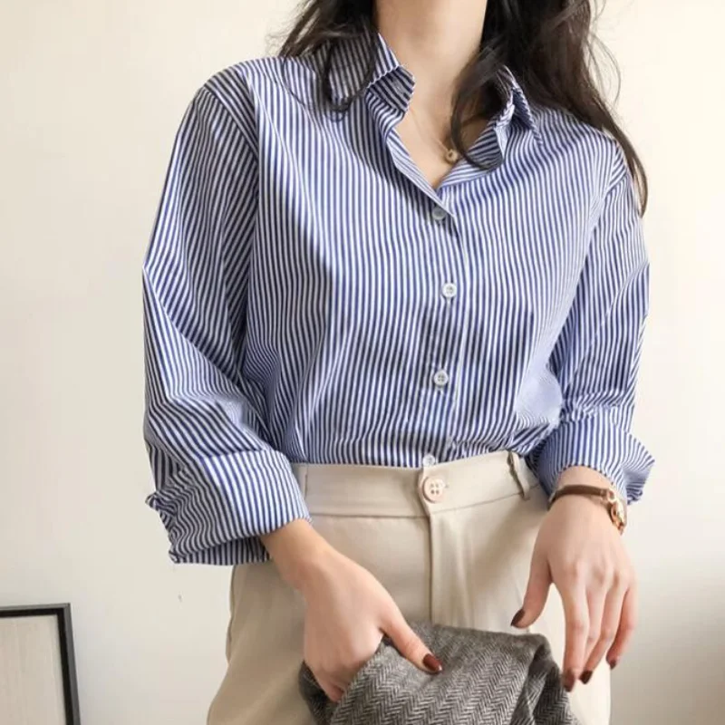 

French Style Women's Long Sleeve Shirt Blouse Top Lightweight Fabric Loose Fit Slimming Design Blue Casual Versatile Outerwear