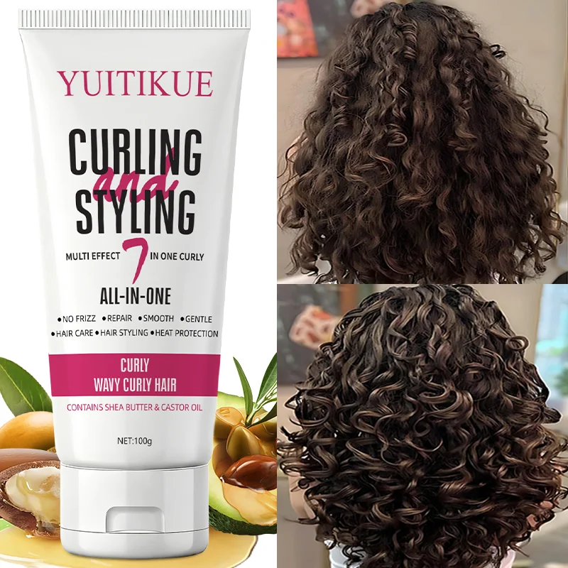YUITIKUE Curling Styling Cream 7-in-1 All-In-One Shea Butter Castor Oil Anti-Frizz For Curly Wavy Hair 100g