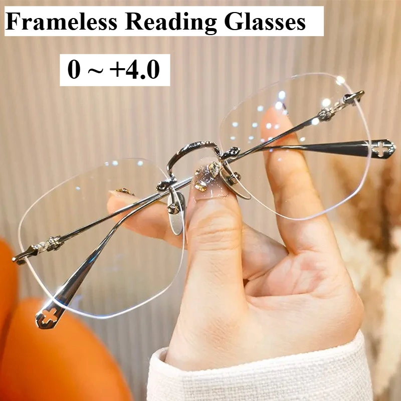 0~ +4,0 Rahmenlose Anti-Blaulicht-Lesebrille Neutrale ultraleichte Presbyopie Großer Rahmen zeigt Jugendliche Metallrahmen