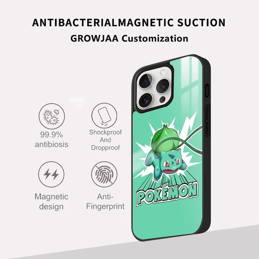 Anime Pokemon Bulbasaur Magsafe Handyhülle für iPhone 15 14 13 12 11 Pro Max Plus Mini Celulares Spiegel Wireless Magnetic Cover