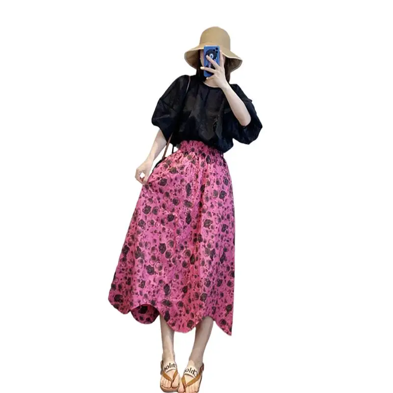 Korean Style Summer Flower Skirts Cotton New Women Print  Elegant A-Line Maxi Dress Wavy Edge Mid-Calf Beach Style Vestidos