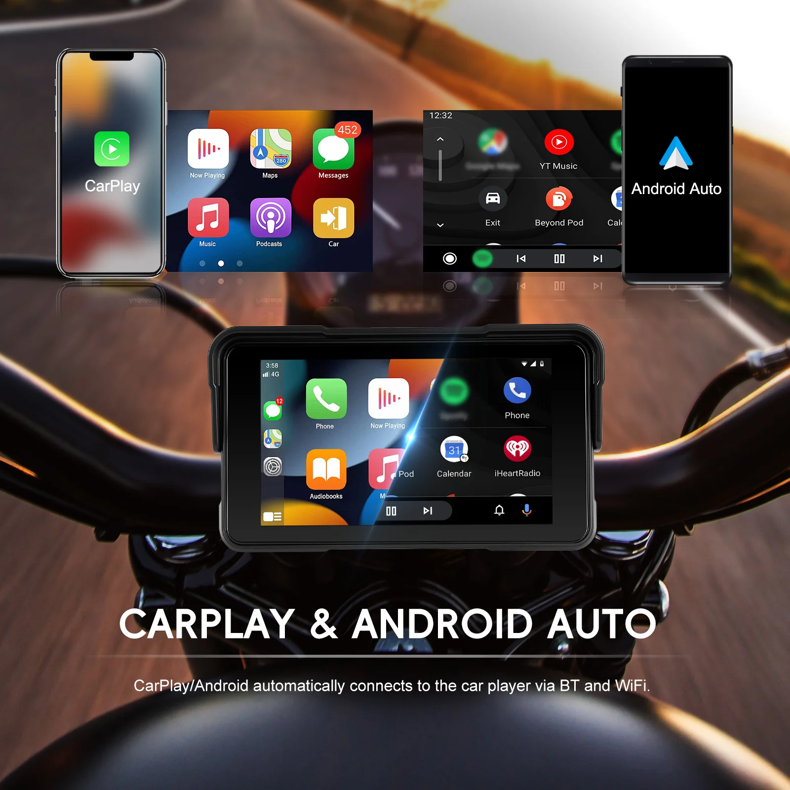 Podofo 5" Kabelloses CarPlay & Android Auto Motorrad Tragbarer Smart-Player IP68 Wasserdichter Bildschirm Moto-Monitor mit Reifendrucküberwachung