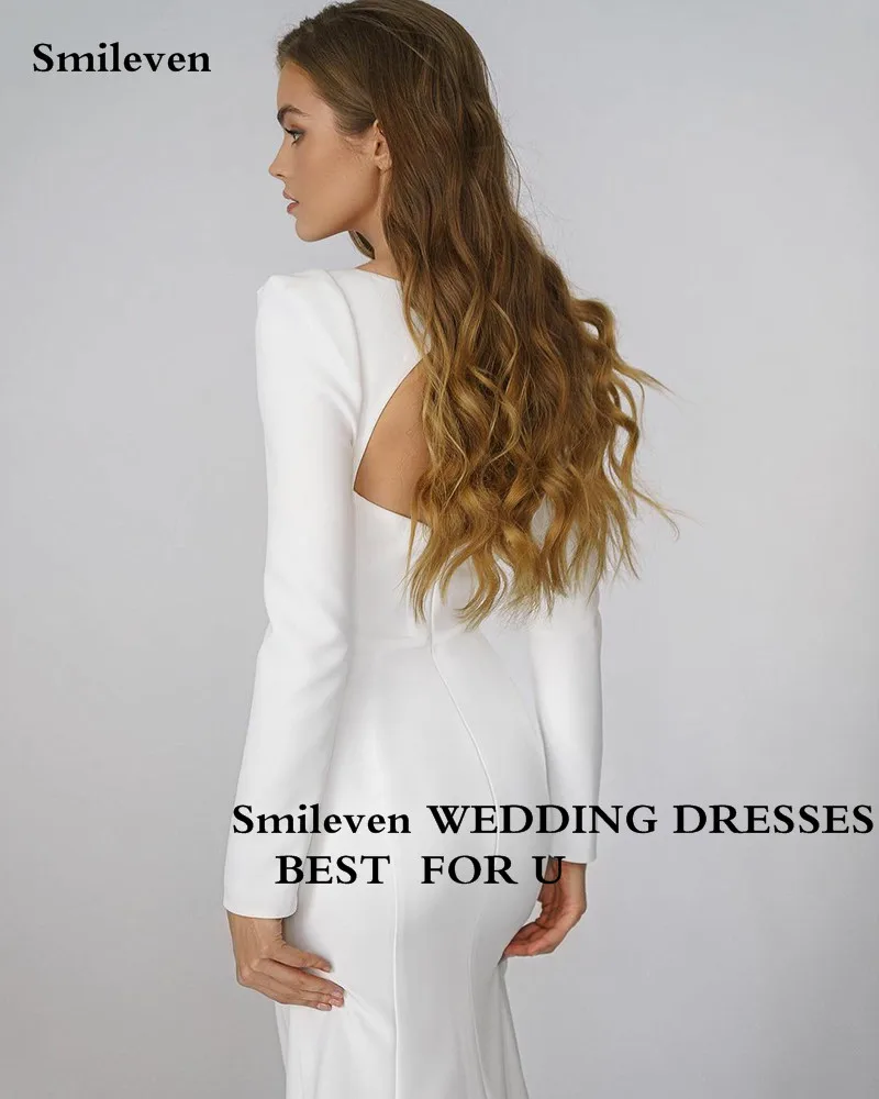 Smileven Soft Satin Mermaid Trouwjurken Lange Mouwen Vierkante Hals Strand Bruid Jurken Sexy Open Back Boho Bruidsjurken 2022