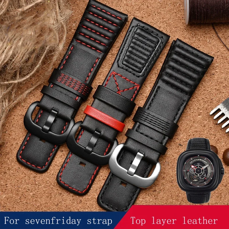 28mm Genuine Leather Black White Orange Red Blue Stitches Wrist Watchband Band Loops For SevenFriday Strap P1 P2 P3 Series Bucke