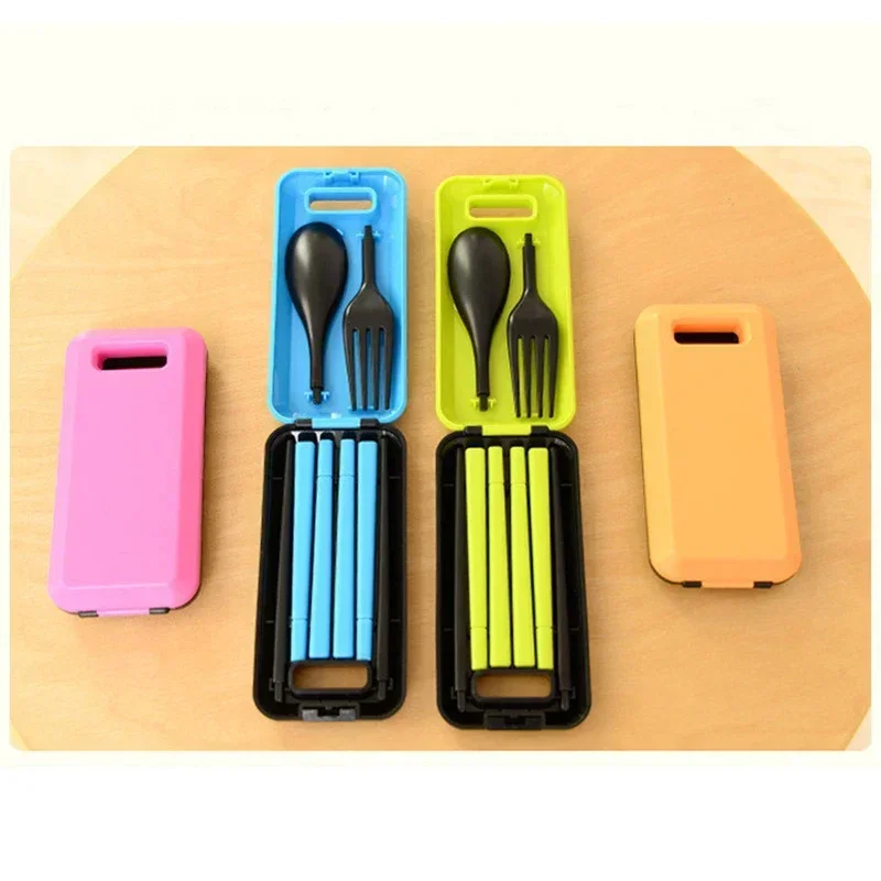 3 In 1Portable Wheat Straw Fork Cutlery Set Foldable Folding Chopsticks Cutlery Set with Box Picnic Camping Travel Tableware Set