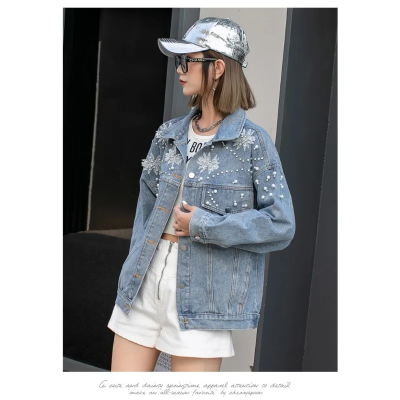 Women's Retro Distressed Heavywork Beaded Rhinestone Denim Jacket Spring/Autumn New Style Casual Loose Fit Versatile Jacket