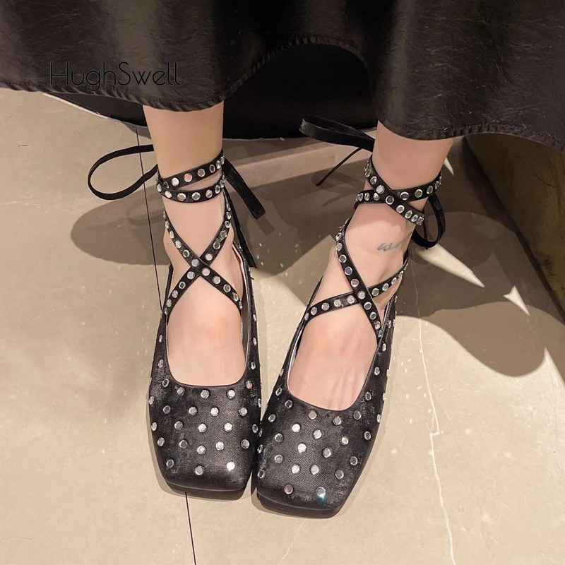 

Luxury Rhinestone Tape Tie Leg Ballet Flats Woman Brand Design Square Toe Crystal Studs Ballerina Shoes Ladies Bling Zapatos