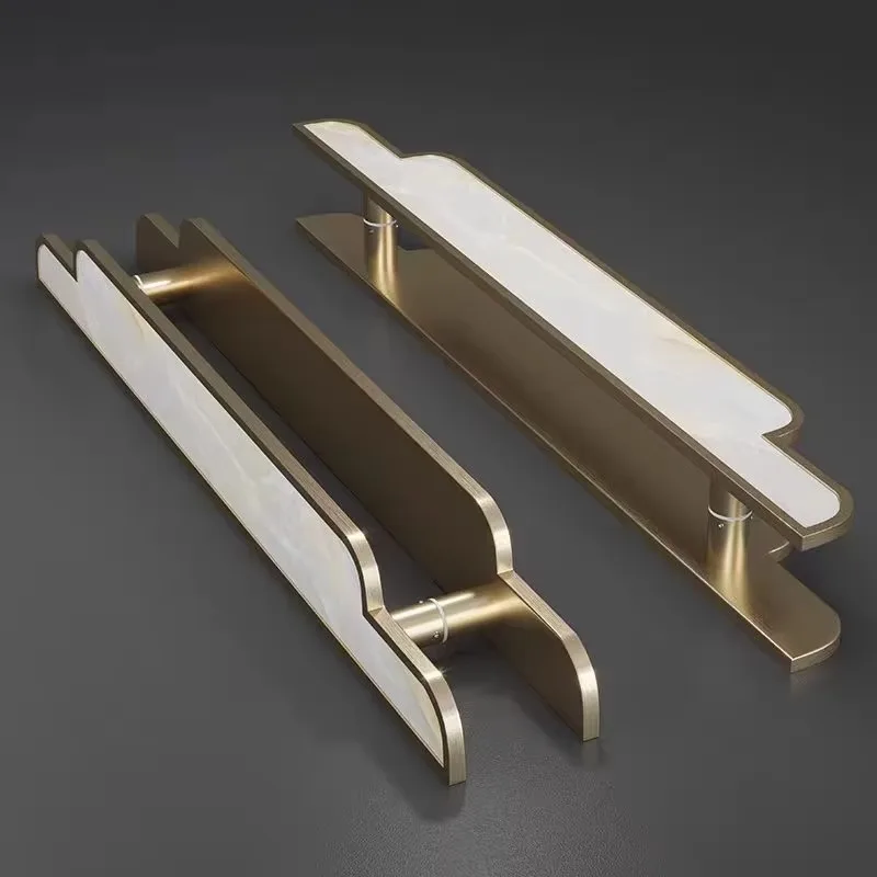 Modern door handle - black and white inlay of natural resin, imitation stone marble, bronze color