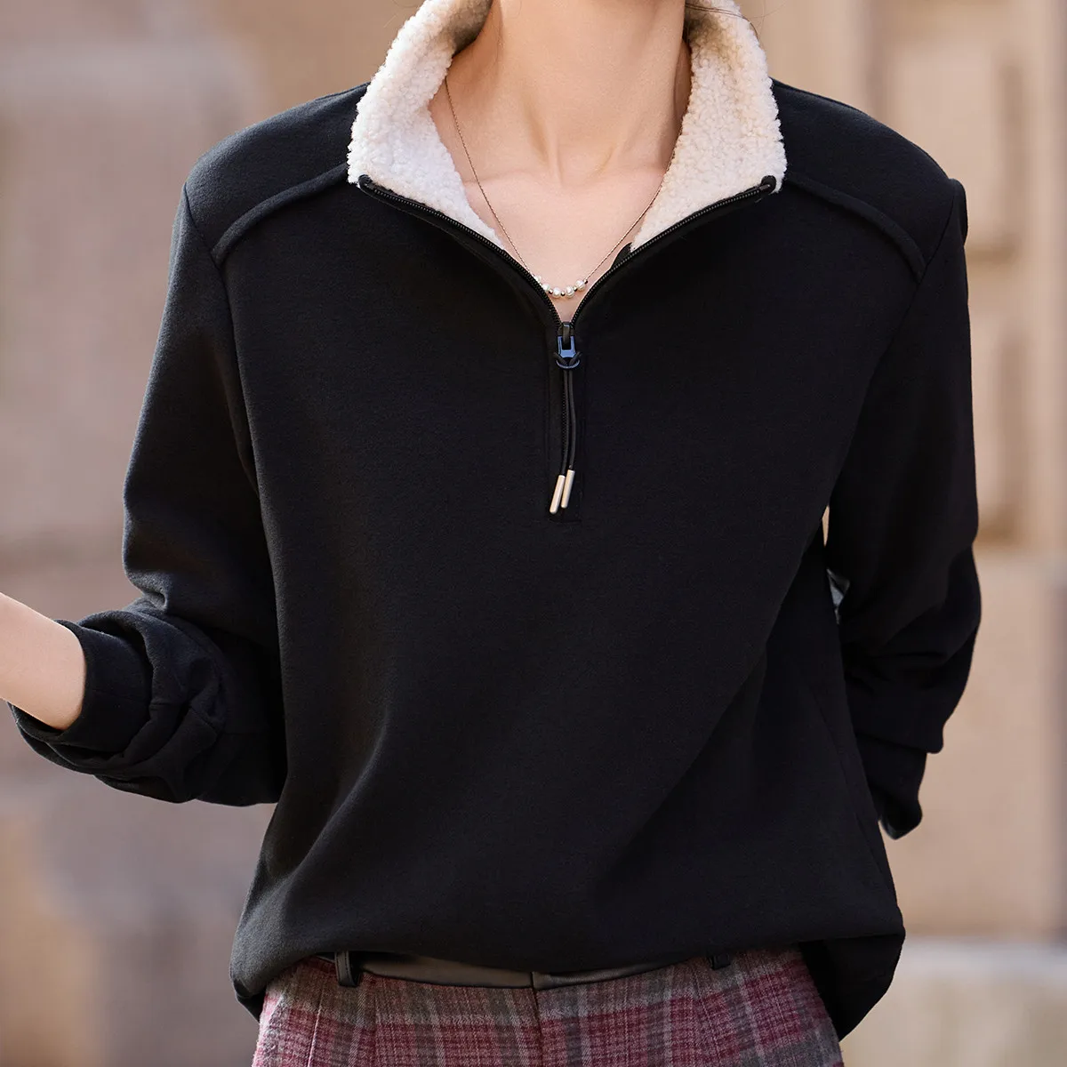 LOUIS YAO Knitted German Velvet Double sided Thick Hoodie 2025Autumn Casual Sweatshirt Contrast Color Stand up Collar Zipper Top