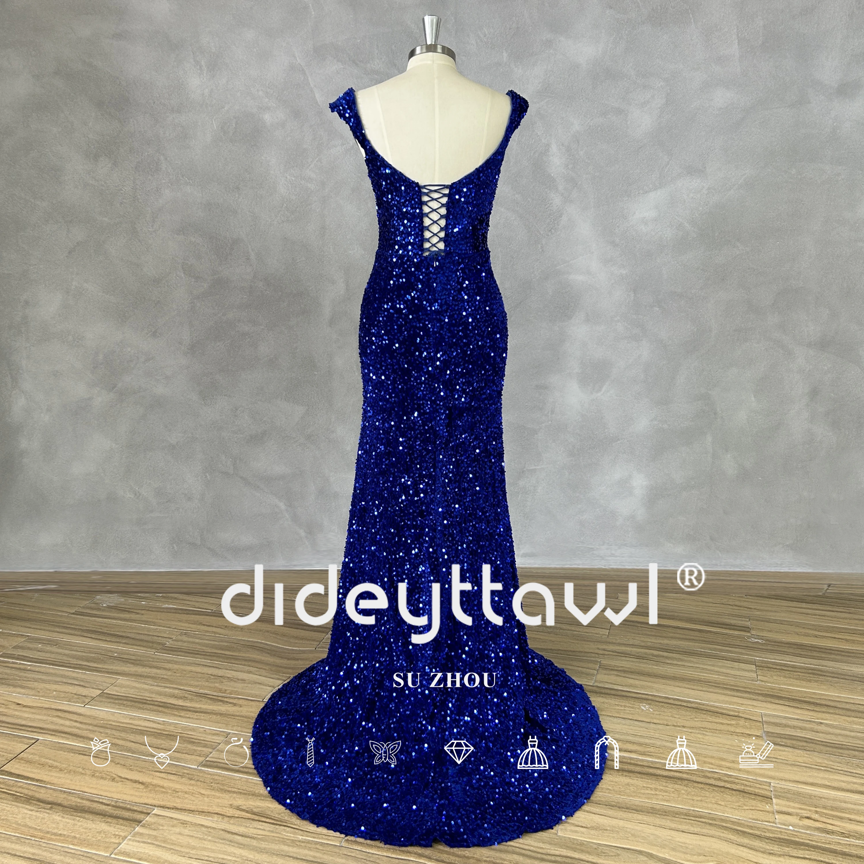 DIDEYTTAWL-vestido de noche azul Real con cuello en V y lentejuelas brillantes, vestido de sirena Sexy para graduación, abertura alta, sin mangas, con cordones