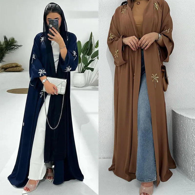 

Beaded Palm Tree Embroidered Abaya - Open Front Long Sleeve Maxi Dress Modest Kaftan for Women
