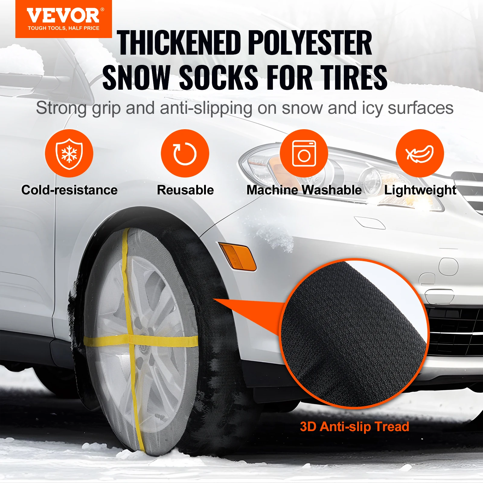 VEVOR Thickened Snow Socks for Tires Polyester Fiber Snow Traction Tire Cover for Car SUV Pickup and Truck (Pack of 2)-Large