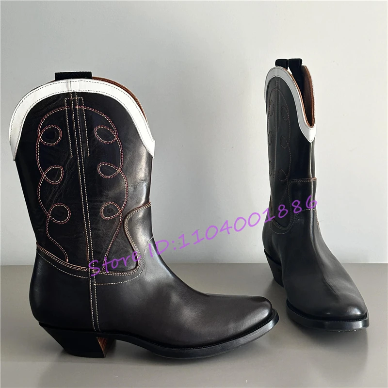 

Ботинки челси в стиле вестерн с круглым носком на необычном каблуке для женщин и мужчин, кожаные рыцарские сапоги с вышивкой в стиле ретро, весенне-осенняя обувь для пар