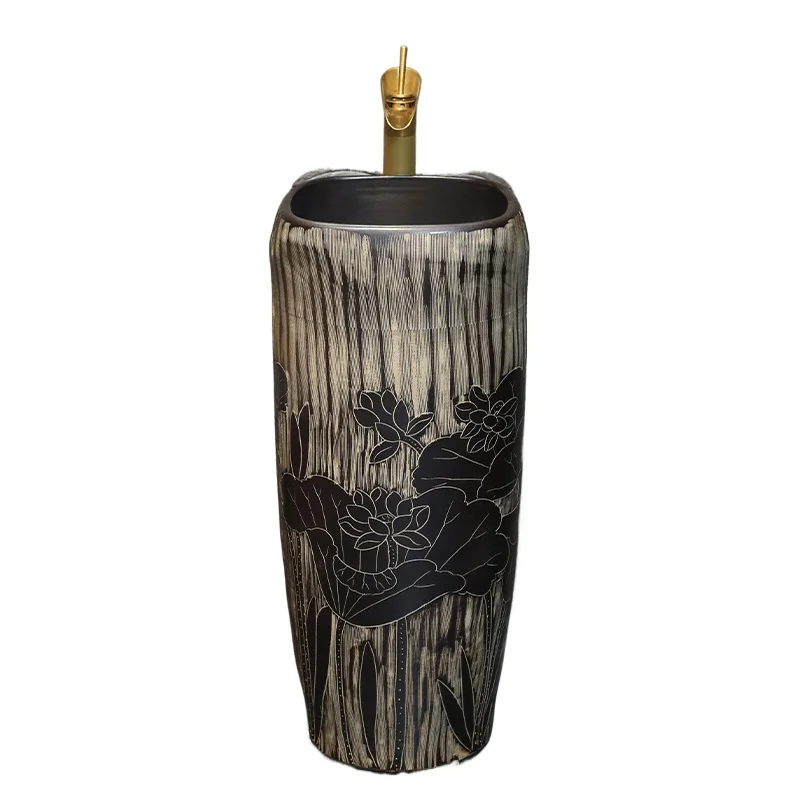 

*Retro carved black lotus courtyard column wash basin integrated basin outdoor floor column washbasin