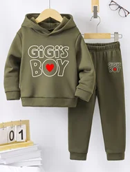2set Boys Fall/Winter Sports style casual comfort fashion pattern printed warm fleece hoodie and tracksuit pants