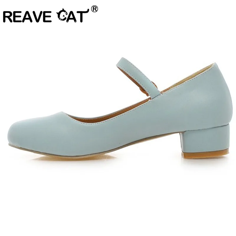 REAVE CAT Buckle Sapatos Femininos Big size 34~43 Spring Summer Women Shoes Sandals 3.5cm Mid Heels Blue Beige QL4861