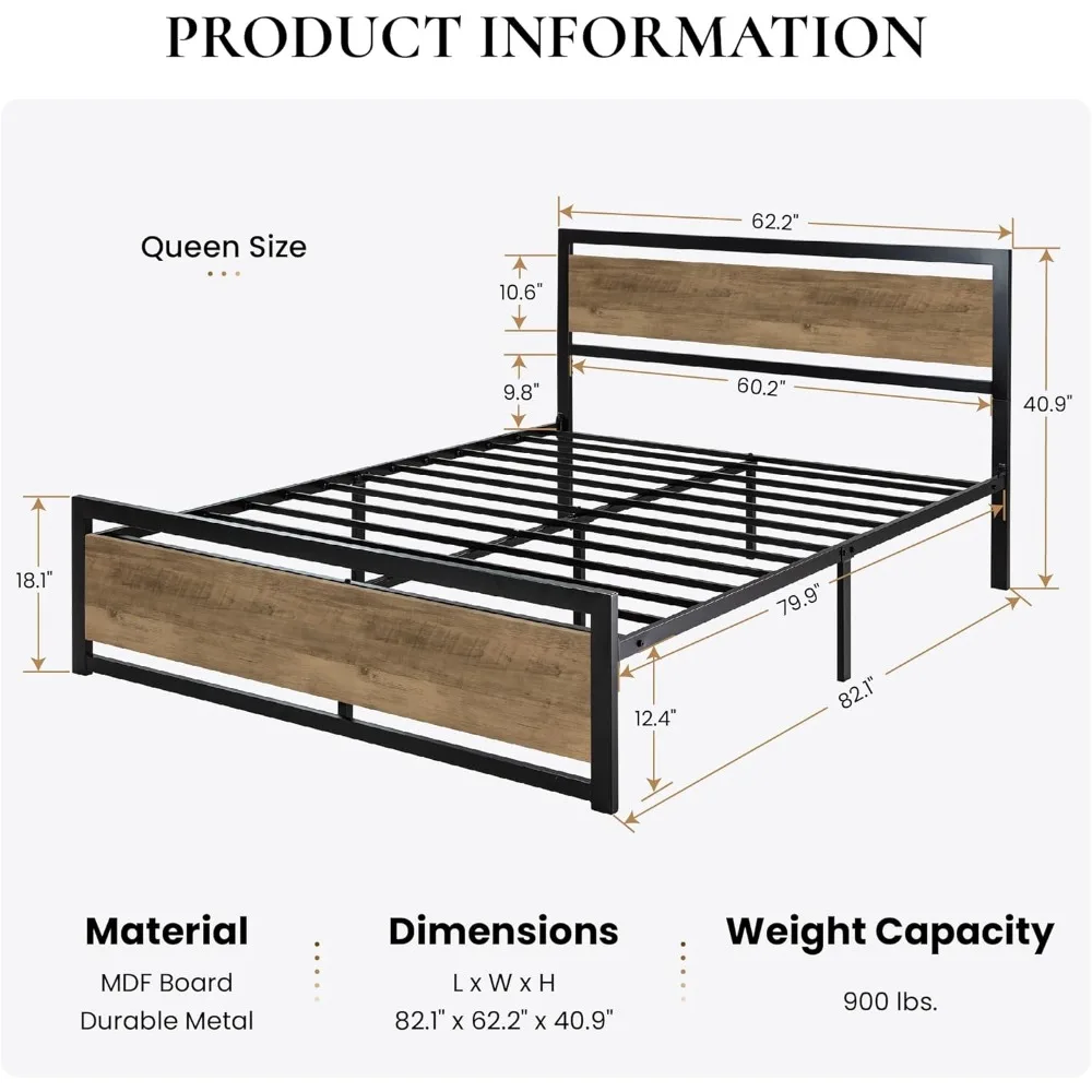 Queen Size Metal Platform Bed Frame with Wooden Headboard/Heavy Duty Strong Support/Large Storage/No Box Spring Needed,