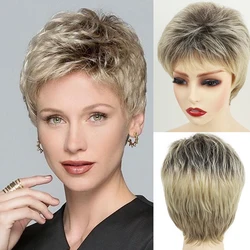 Women's Fashion Short Curly Synthetic Wig with Bangs Fashion Fluffy Blonde Ombre Pixie Cut Hairstyle Daily Mommy Party Hair Wig