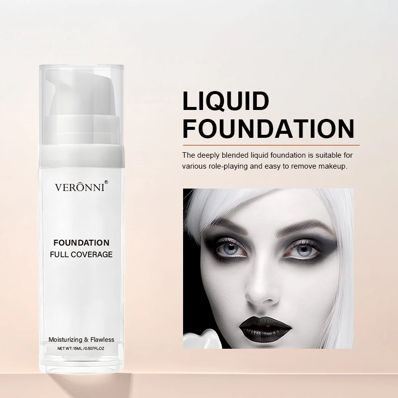 VERONNI Base líquida blanca mate de cobertura total, maquillaje resistente de cobertura extrema, fórmula cremosa impermeable y duradera