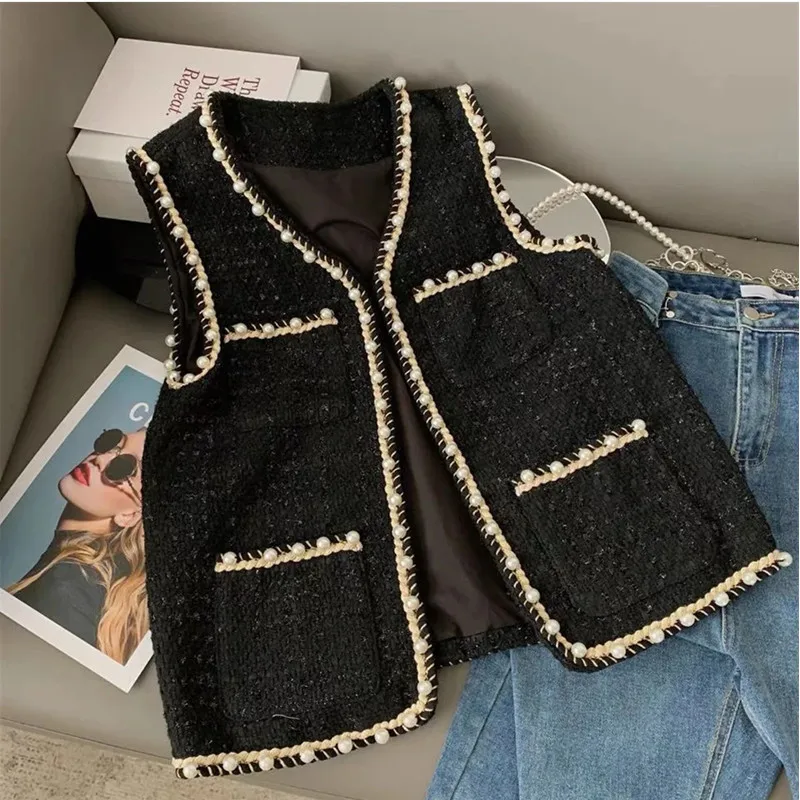 2023 Autumn New All-Matching Slim Fit Solid Vest Tweed Waistcoat Jacket Vest Women V Neck Pearl Button Spring Cardigan Female