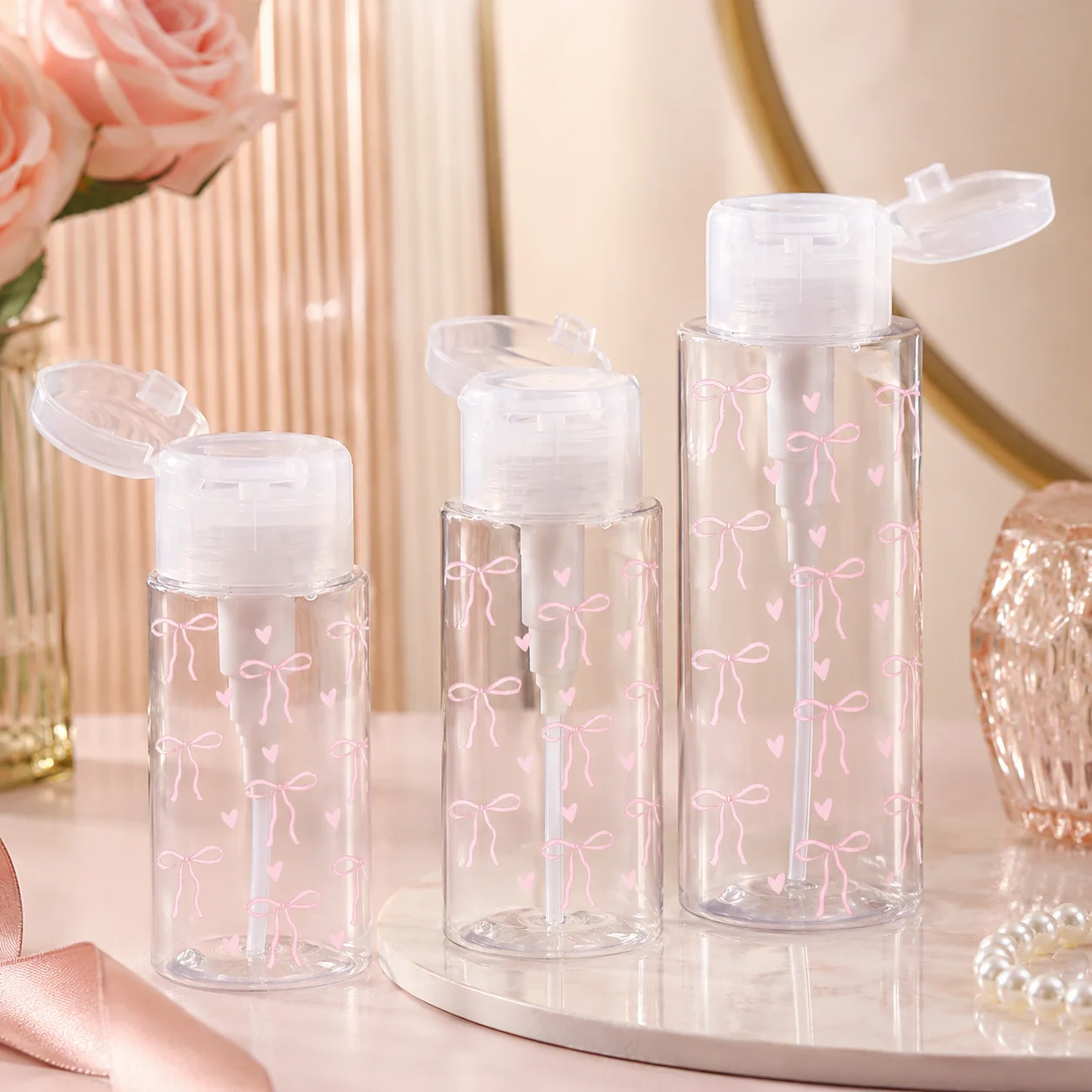 Flacon pompe de voyage mignon avec nœud, distributeur rechargeable pour toner, démaquillant, alcool, vernis à ongles