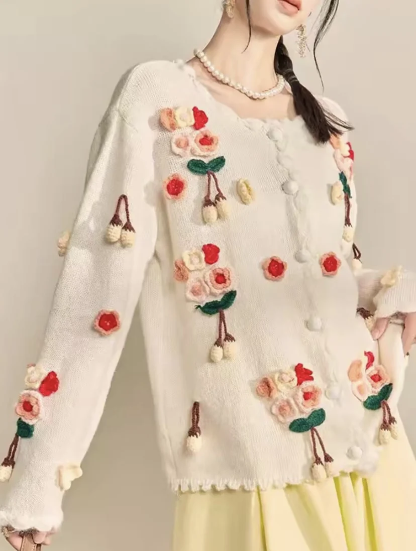 

2025 Autumn New Heavyweight Woolen Long Sleeve Knitted Cardigan Handmade Hooked Flower 3D Flower Design Commute Style Warmth ...