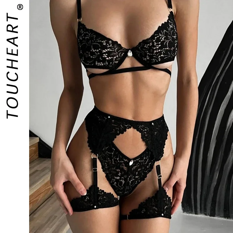 

Toucheart Sexy Interesting Underwear Set For Women Lace Hollow Out Solid Color Garters Bra Set See-Through Sexy Lingerie Set New