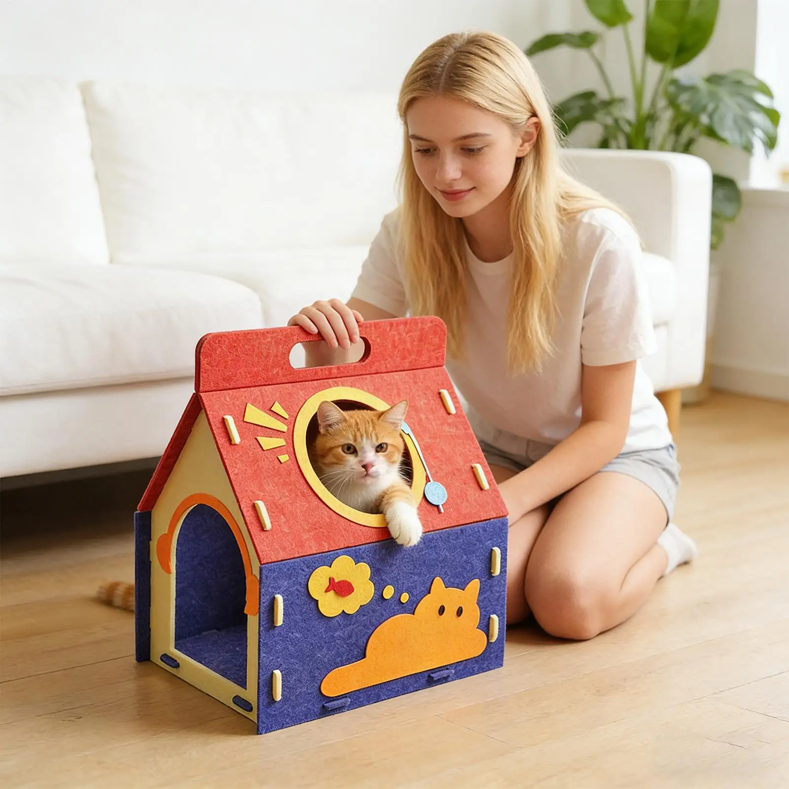 Felt Cat House Enclosed Pet Bed Multi-Hole Pet Cave Nest for Cats Dogs Kittens Puppies Indoor Home Bedroom Living Room Winter