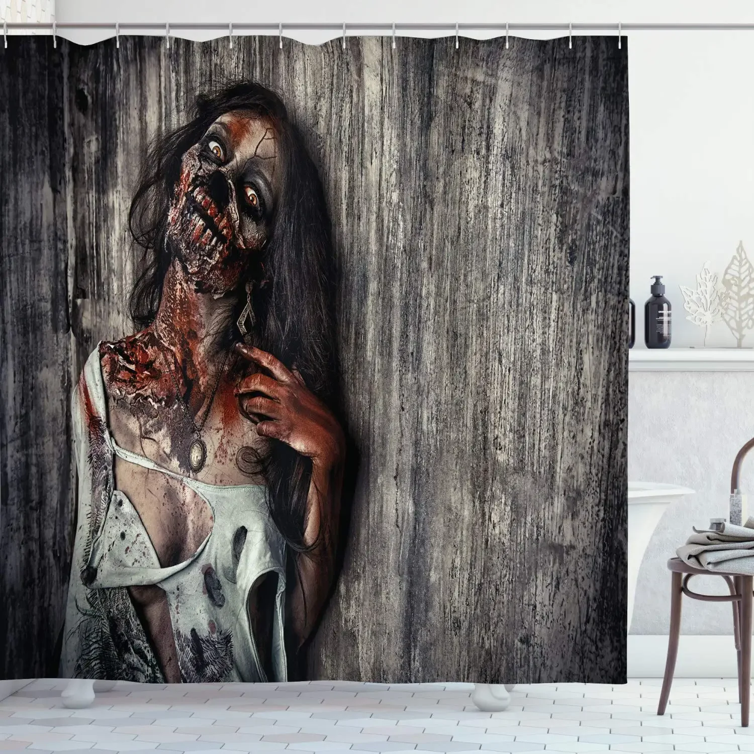 Halloween Zombie Shower Curtain,Scary Dead Woman with A Bloody Tool Evil Fantasy Gothic Mystery Halloween Bathroom Curtain Set