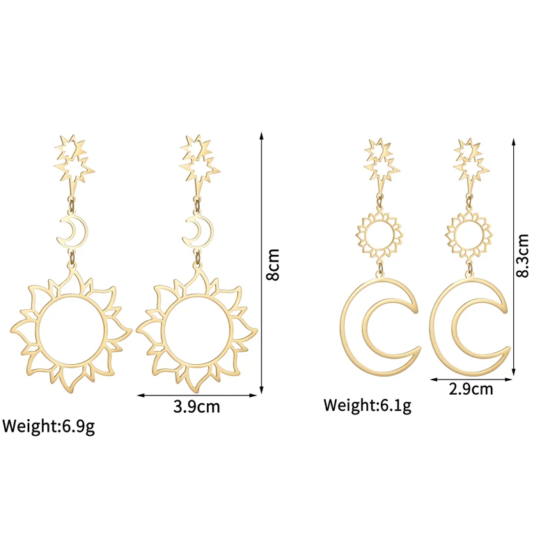 Gold Color Hollow Mangxing Sun Moon Earrings Fine High-End Stainless Steel Jewelry for Women Ear Studs Birthday Gift Accessories