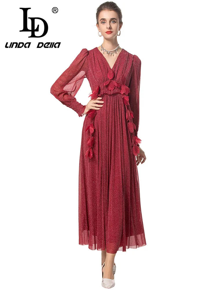 

LD LINDA DELLA Autumn and Winter Women's Pleated Dress Lantern Sleeved High waist Patch Designs V-neck Mixi Dresses