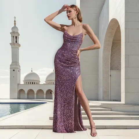 BABYONLINE Evening Dresses 2025 Sexy Backless Sequin Long Spaghetti Straps Mermaid High Slit Prom Party Gowns Vestidos