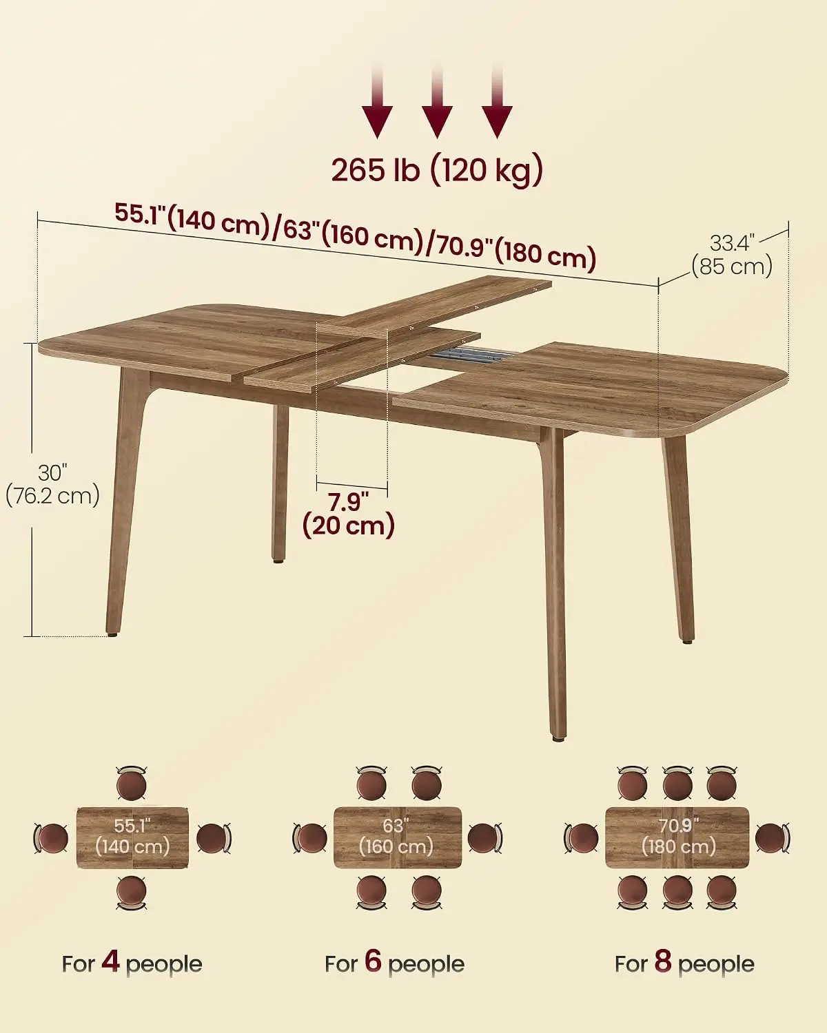VASAGLE MAEZO Collection - Extendable Dining Table for 4/6/8, Kitchen Table with Tapered Legs, Curved Transitions, for Dining Room, Kitchen, Home Office, Honey Brown UKDT090K01V1