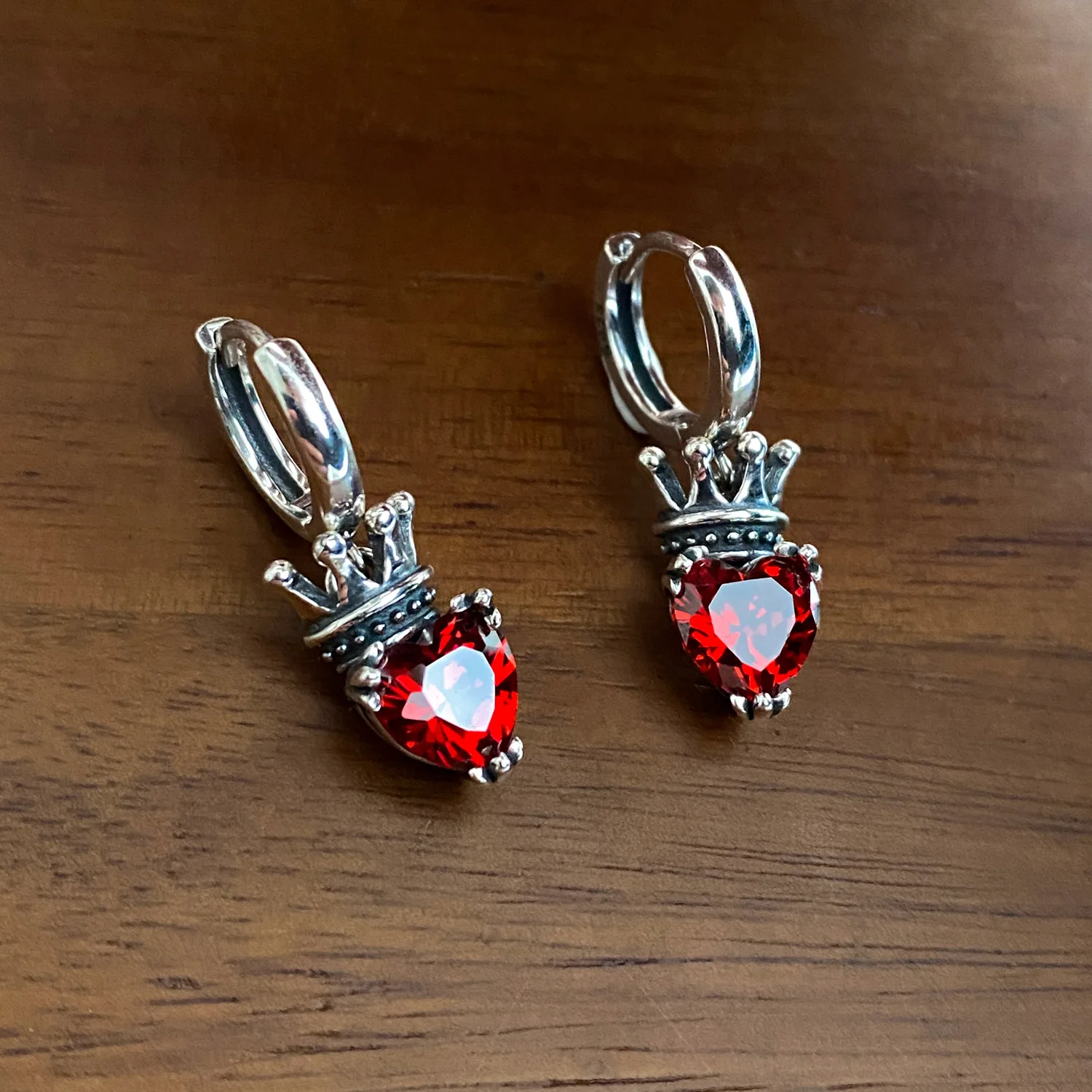 OIMG Silver - Plated Vintage Thai Silver Crown Love Heart Hoop Earrings For Women Crystal Red Gem Earring Trendy Jewelry