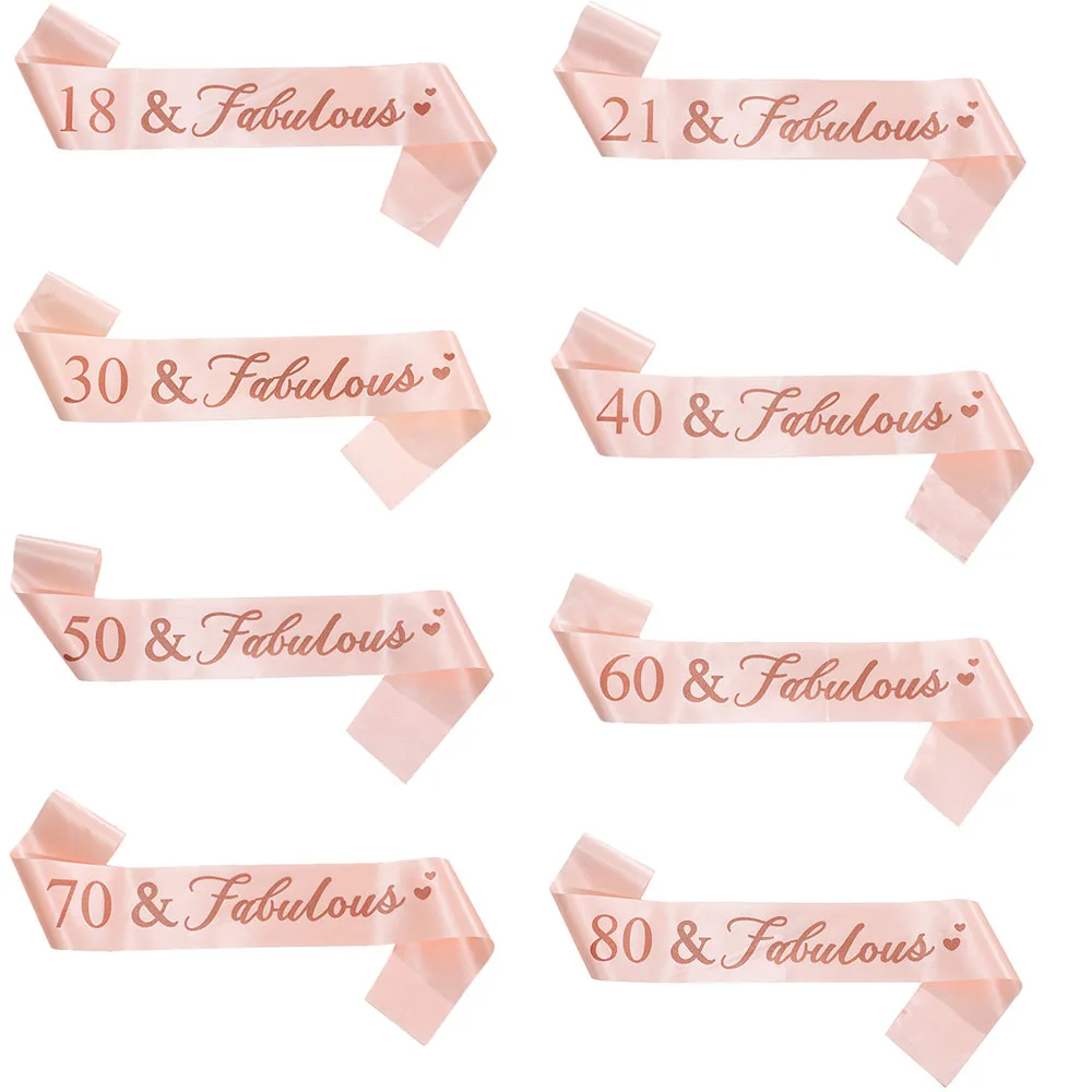 1Pcs 18/21/30/40/50/60/70/80 & Fabulous Rose Gold Satin Sash Ribbon Shoulder Strap for Girl Birthday Anniversary Party Decor