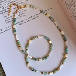 Minar Handmade Green Natural Stone Shell Bamboo Joint Beads Beaded Necklace for Women Gold Plated Strand Chokers Sweater Chain