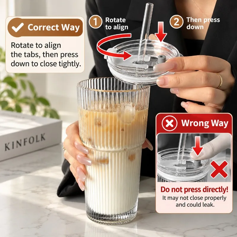 400/600ML Gestreifter Glas-Kaffeebecher Transparenter Trinkbecher mit Deckel und Strohhalm Großer Saft- und Eiskaffeebecher – Detail 1
