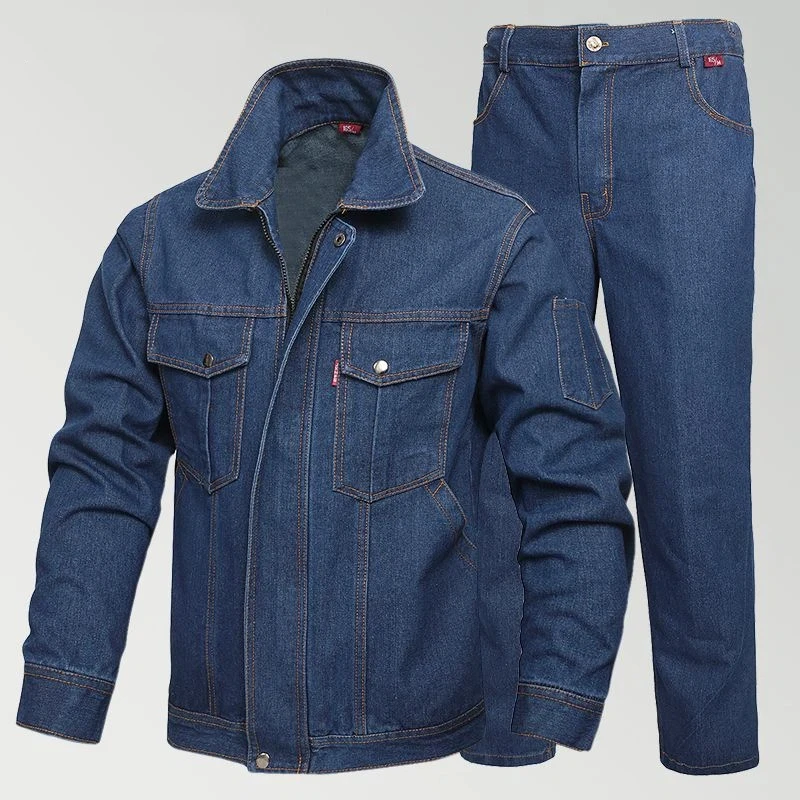 Men Thick Denim Workwear Set Wear Resistant Fire Proof Welding Jacket Pants Suit For Factory Workshop M 4XL