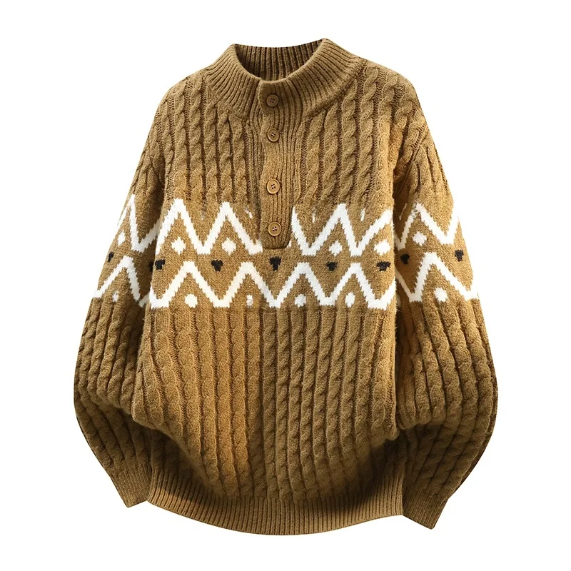 

Мужской вязаный свитер с высоким воротником, зимний, модный, повседневный, с узором «косы», этнический стиль, ретро-трикотаж