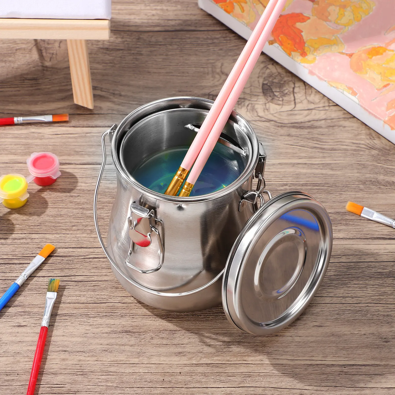 

Metal Brush Washing Bucket L Size Stainless Steel Portable Covered Water Container for Painting Art Tools Outdoor Sketch Travel