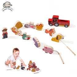 Wooden Montessori Toys For Children  Building Block Placement Toy Farm Animal Button Beaded Puzzle Set Baby room Decoration Gift