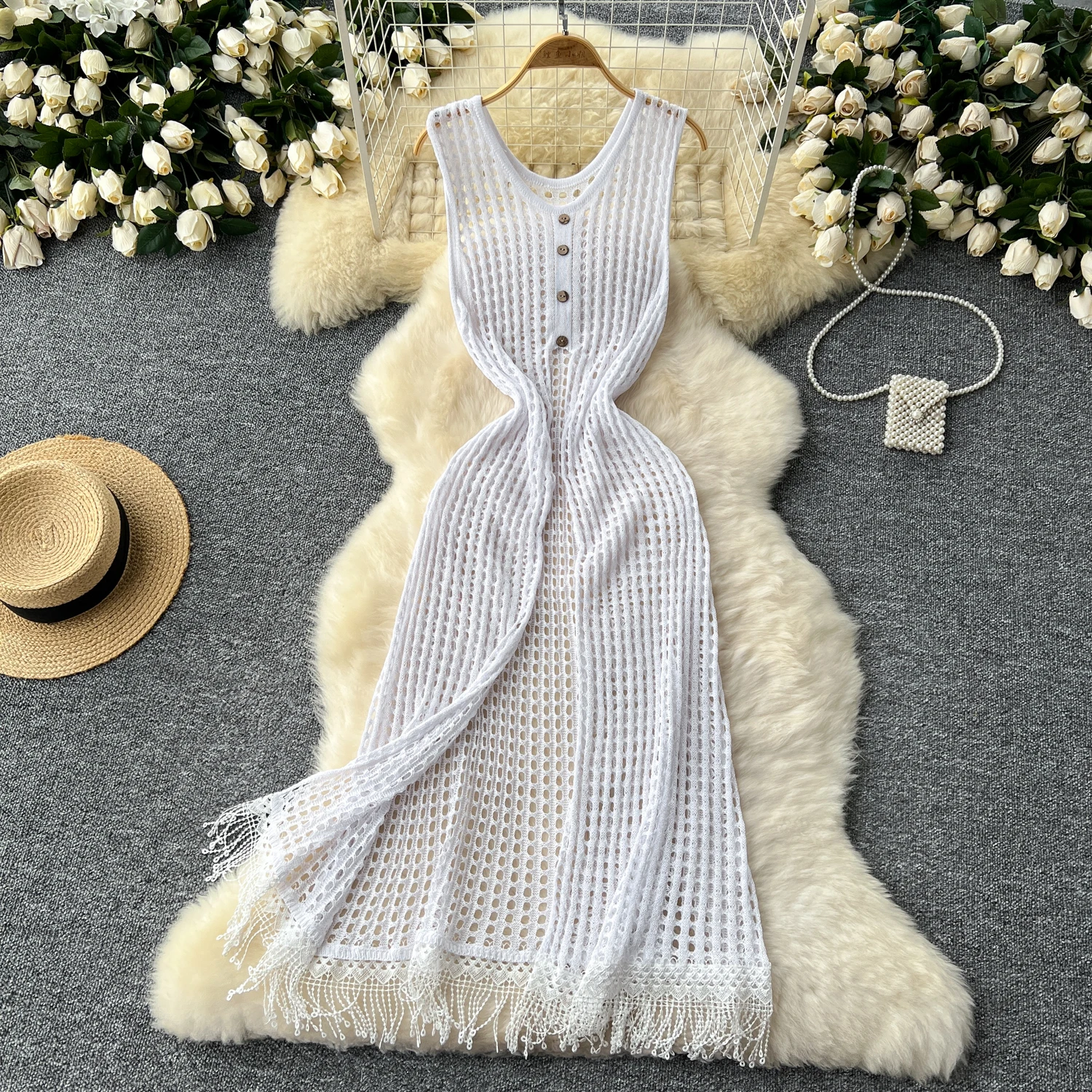 

Elegant Sexy cut out Plaid knit split tassels sleeveless Dress korean fashion Fairy A-line Women Beach loose sweet Dresses