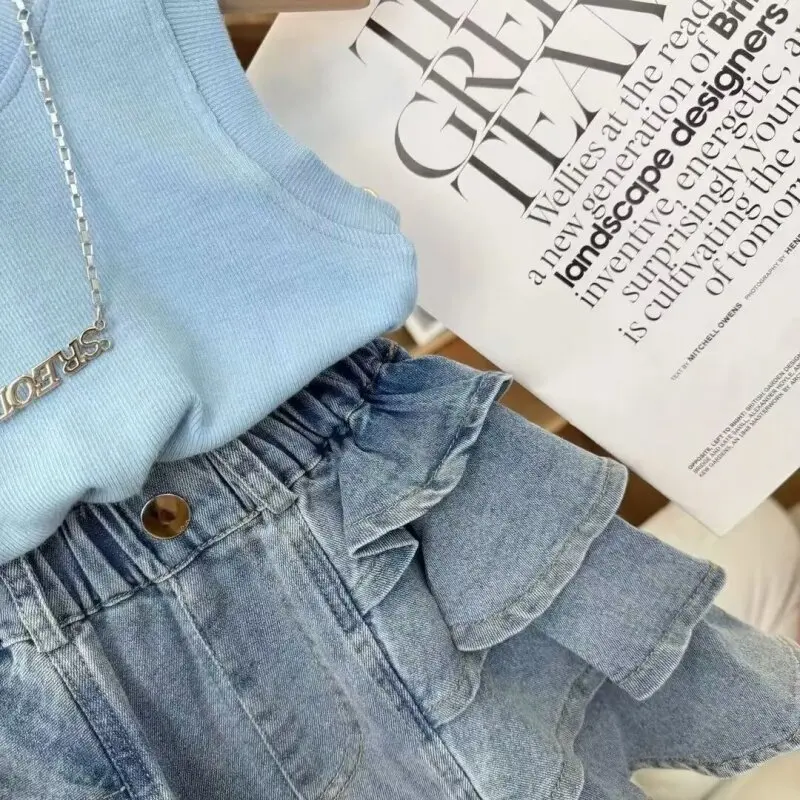 Spring Girls Suit Kids Top + Ripped pearl Denim Pants 2pcs Clothing Set Clothes Outfit 3 4 5 T 2022 New