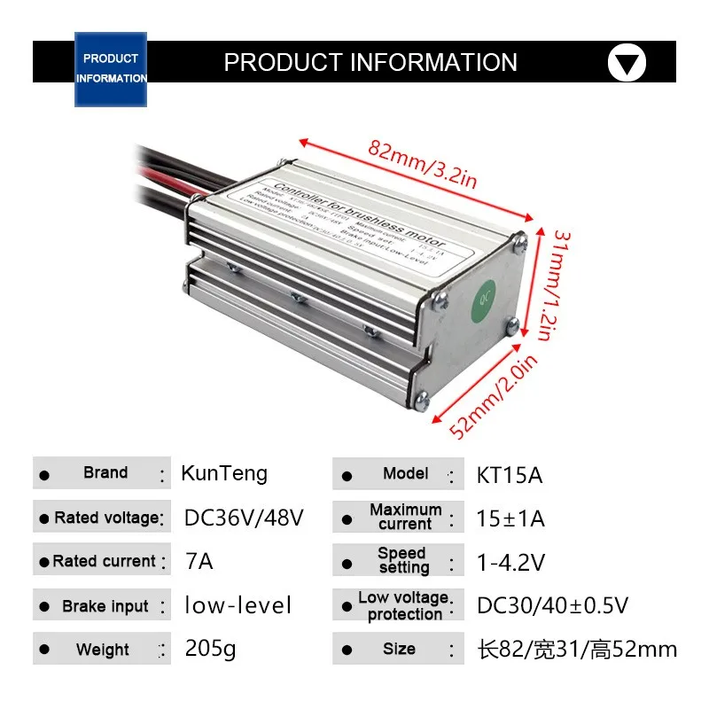 Original Electric bicycle Controller 6-tube 36V/48V KT 15A Square Wave Controller Waterproof Connector Without Light wire