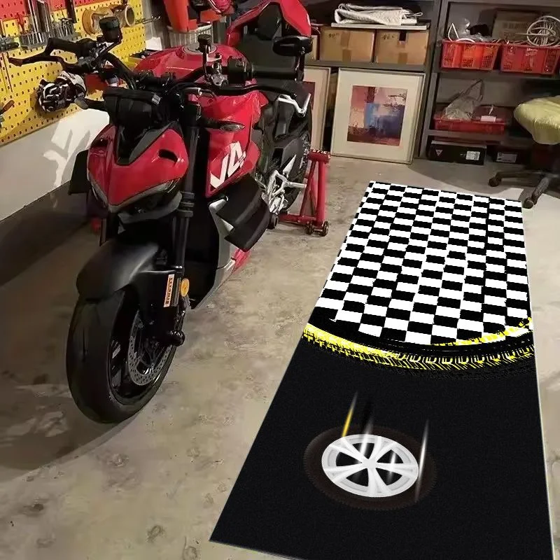 VIKAMA Checker Flag Wheel Graphic Pit Mat Racing Style Anti Slip Rug For Garage Motorbike Parking Workshop Display Carpet
