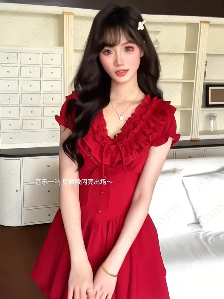 Aesthetic Streetwear Red Y2k Sweet Women Dresses Ruffle puff sleeve Sexy Party Dresses Harajuku Korea Summer Coquettish Dress